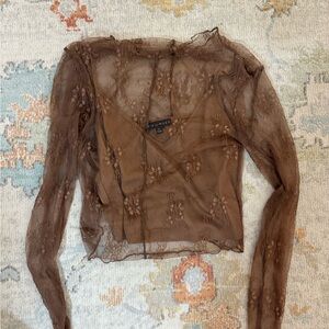 Miou Muse Brown Lace Sheer Top